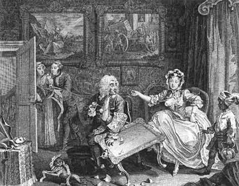 Engraving of woman acting provocatively in a period drawing room